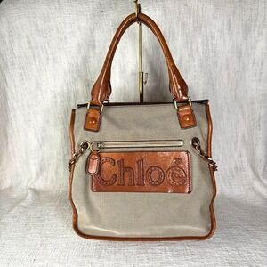 Vintage Chloé Logo Tote Bag | Y2K Beige Nylon & Leather Shoulder Bag‎